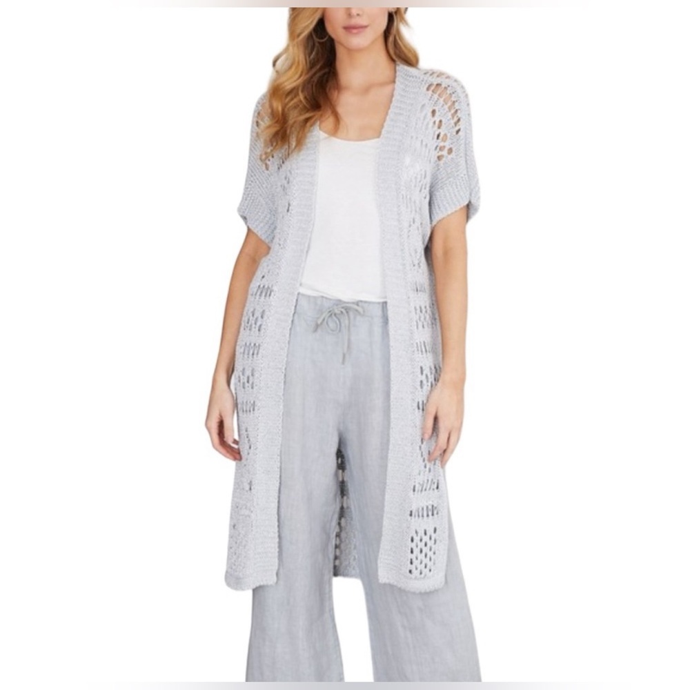 🩶 BOUTIQUE BRAND Silver Short Sleeve, Open Front Crochet Cardigan/Duster - NWOT